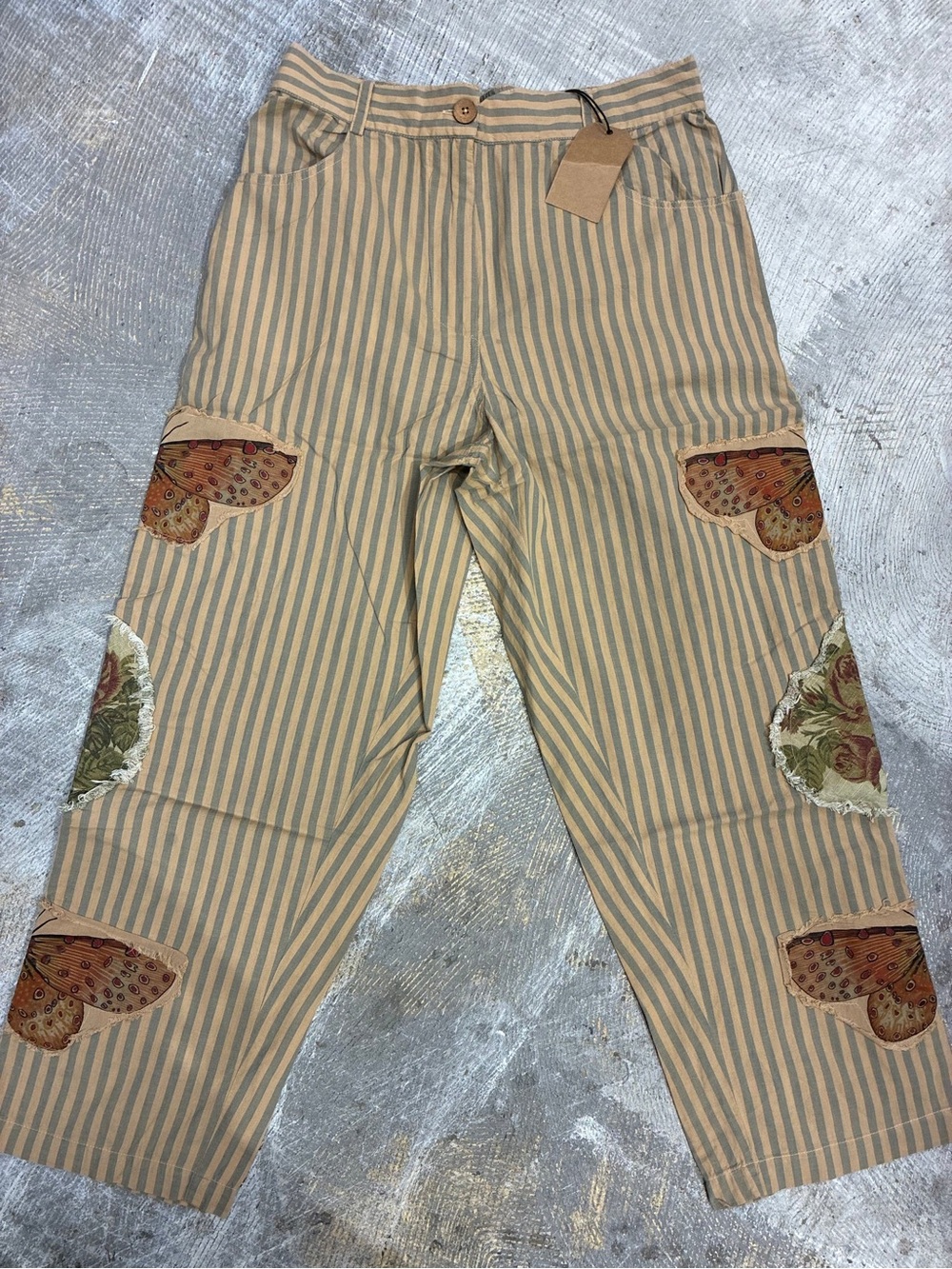 A Rare Bird Striped Beige & Blue Cargo Pants with Patchwork Detail